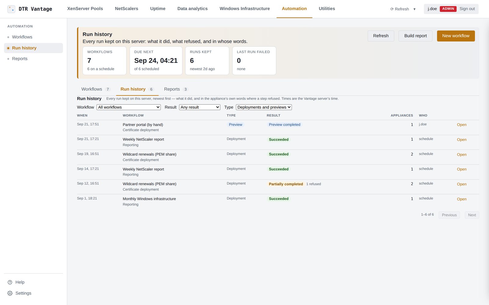 Run history: Succeeded, Partially completed, Failed and Preview said apart