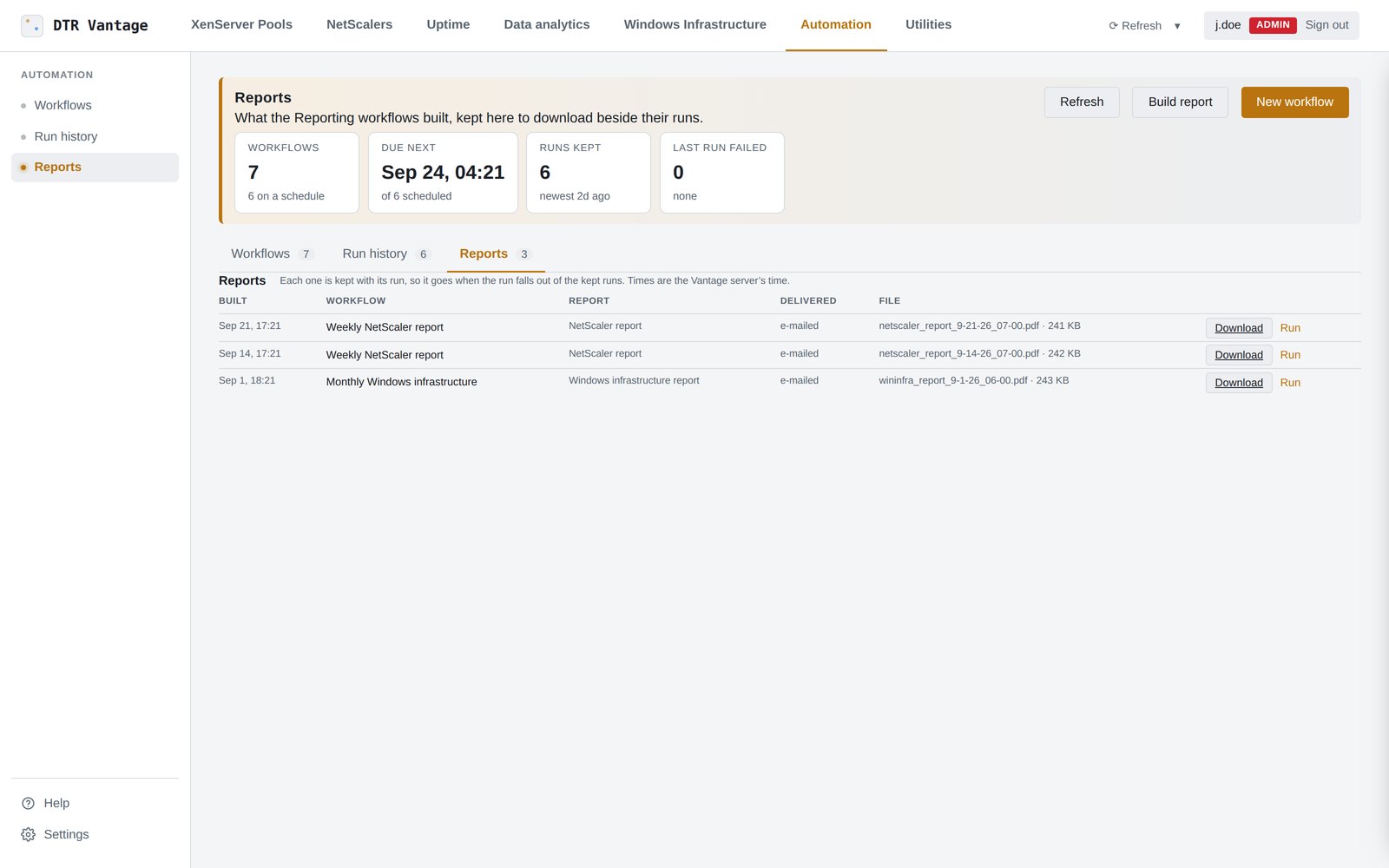 Reports built on a schedule, how each was delivered, kept to download