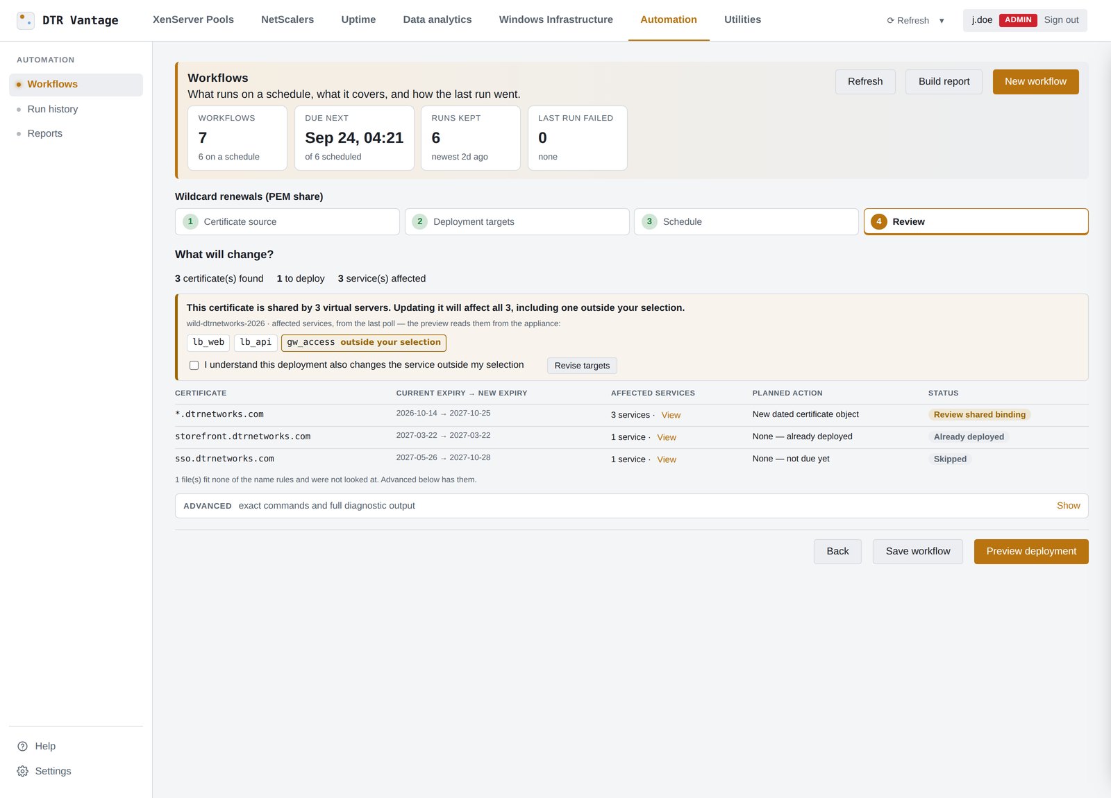 A certificate deployment's review: each certificate with its current and new expiry, the services it affects, the action planned and the exceptions, before anything is sent