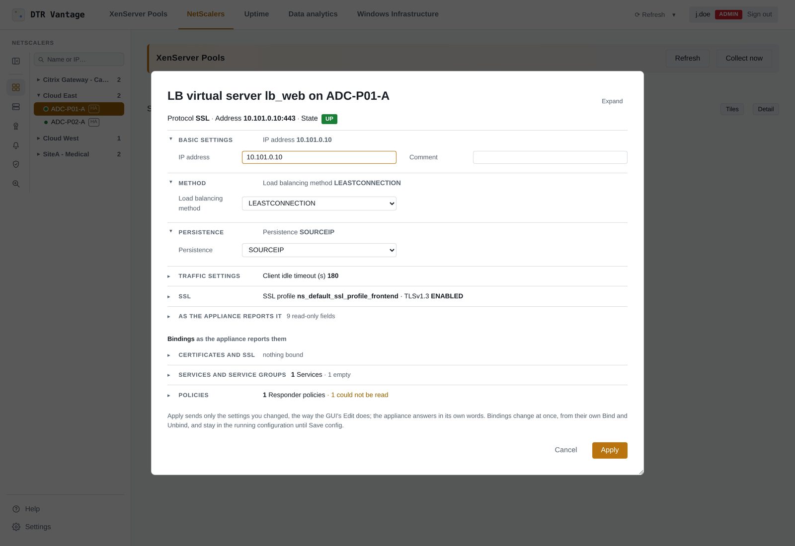 The object editor on a load balancing virtual server