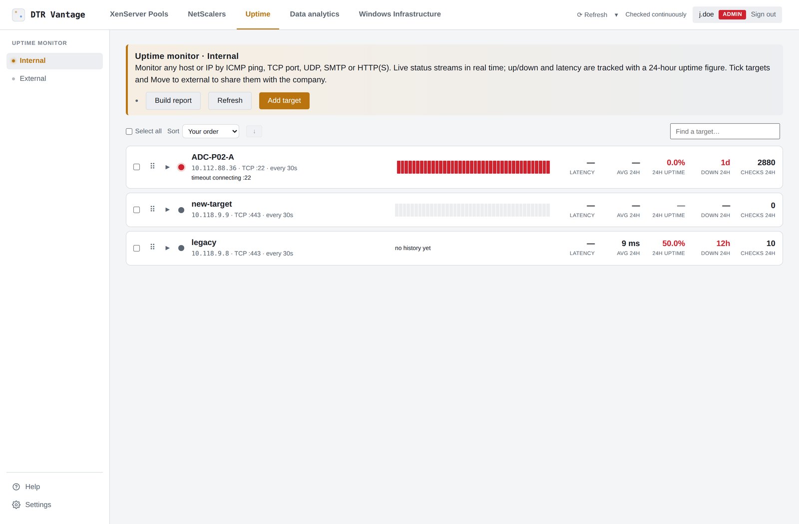 Uptime monitor, the Internal view: ICMP, TCP, UDP, SMTP and HTTP(S) targets, streamed live