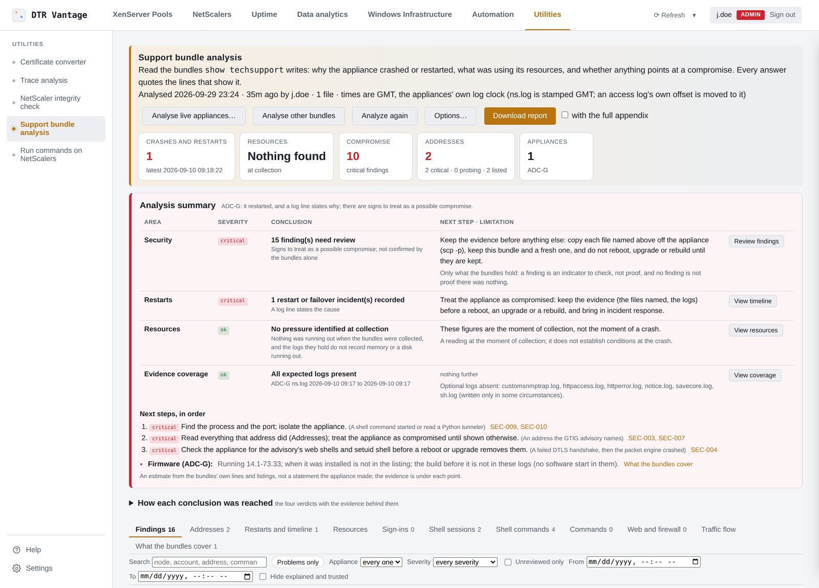 A support bundle analysis showing the September 2026 campaign's signs: the web shell, the httpd.conf alias, the setuid shell and the requests