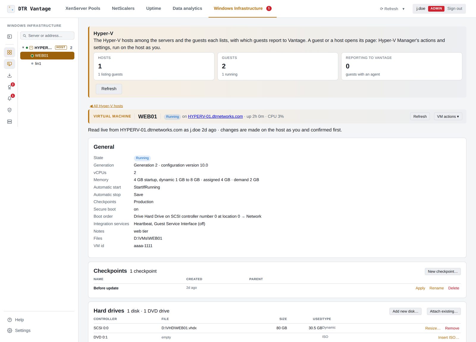 A Hyper-V guest: configuration, checkpoints, disks and adapters