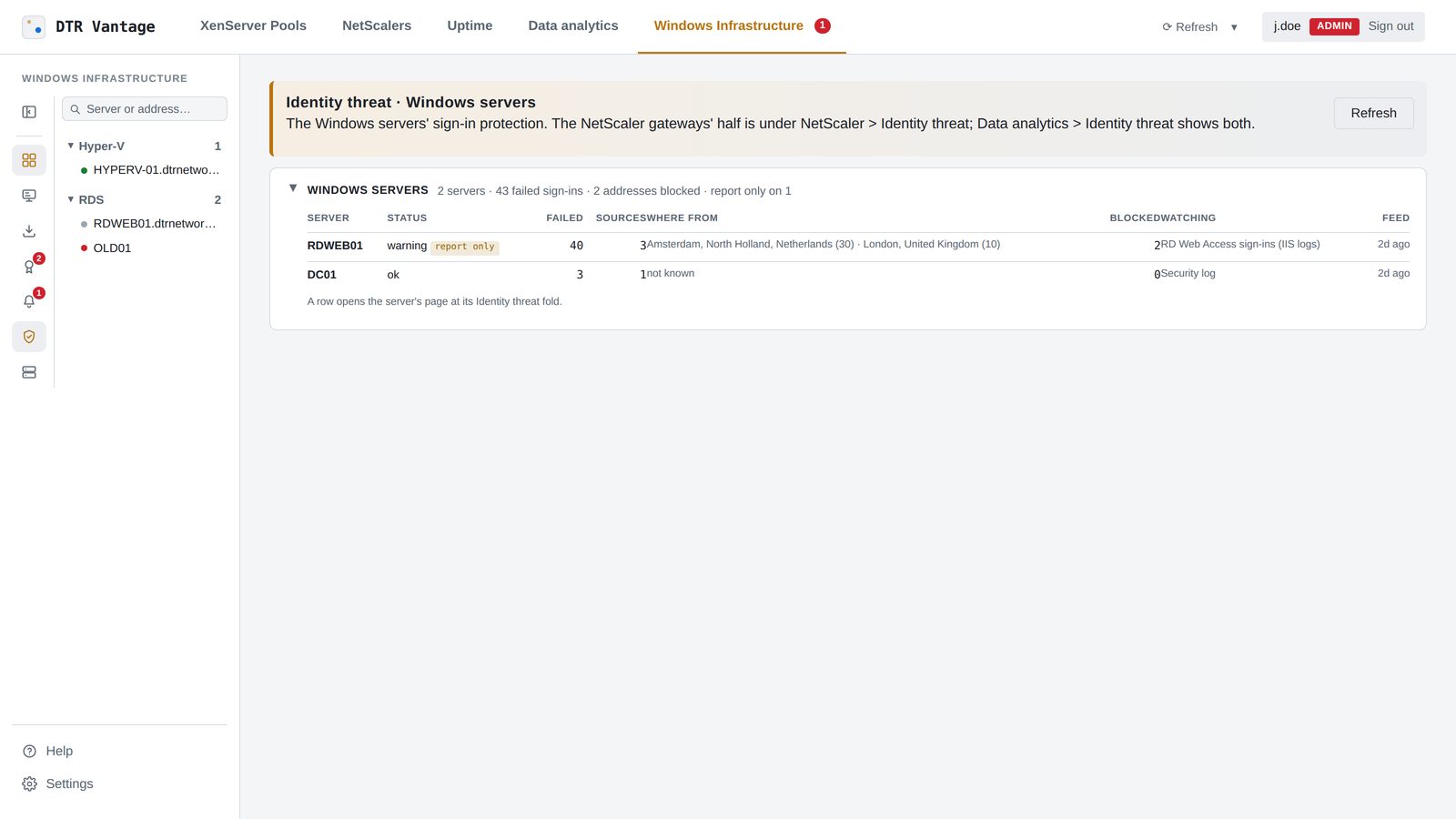 Each server's failed sign-ins, sources and blocks