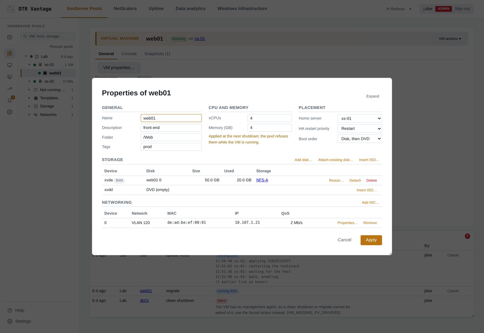 VM properties: name, vCPUs, memory, placement, boot order, disks and NICs